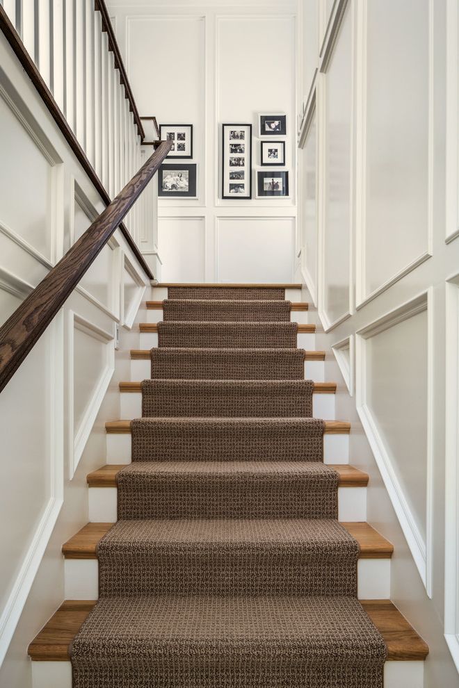 Carpet Runners by the Foot with Traditional Staircase  and Black and White Photography Brown Runner Recessed Panel Rug Stair Runner Straight Run Staircase Straight Run Stairs Wainscoting White Risers Wood Banister Wood Tread