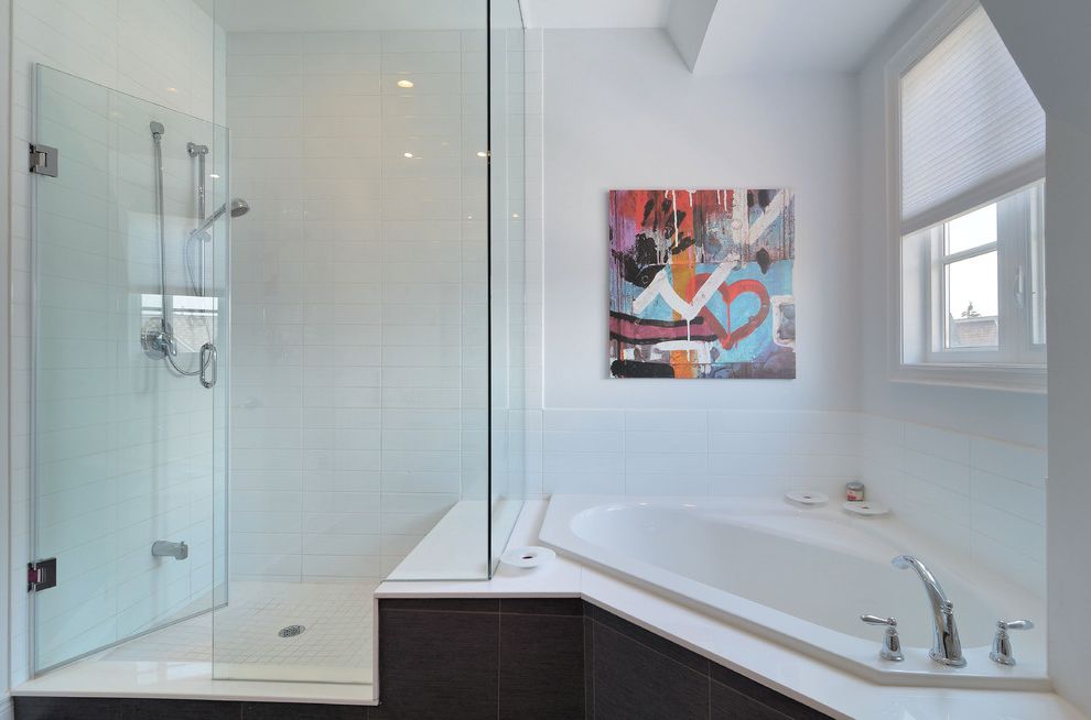 Dreamline Corner Shower with Contemporary Bathroom  and Artwork Corner Tub Glass Shower Enclosure Roman Shade Tile Walls Vaulted Ceiling White Tile Tub Deck