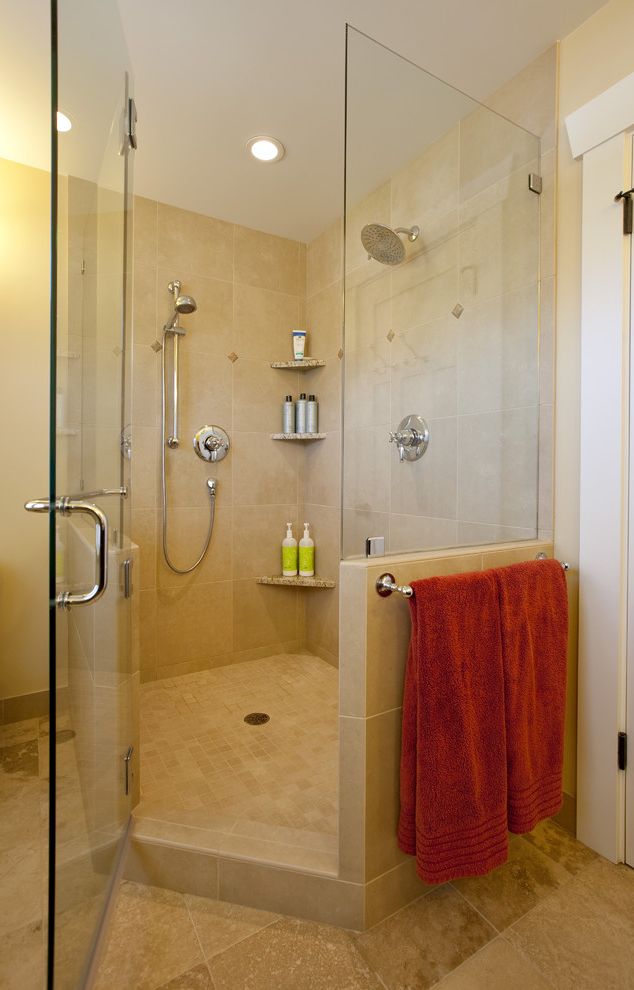 Dreamline Corner Shower with Craftsman Bathroom  and Glass Shower Enclosure Neutral Colors Rain Shower Head Shower Fixtures Shower Shelves Tile Flooring Towel Bar