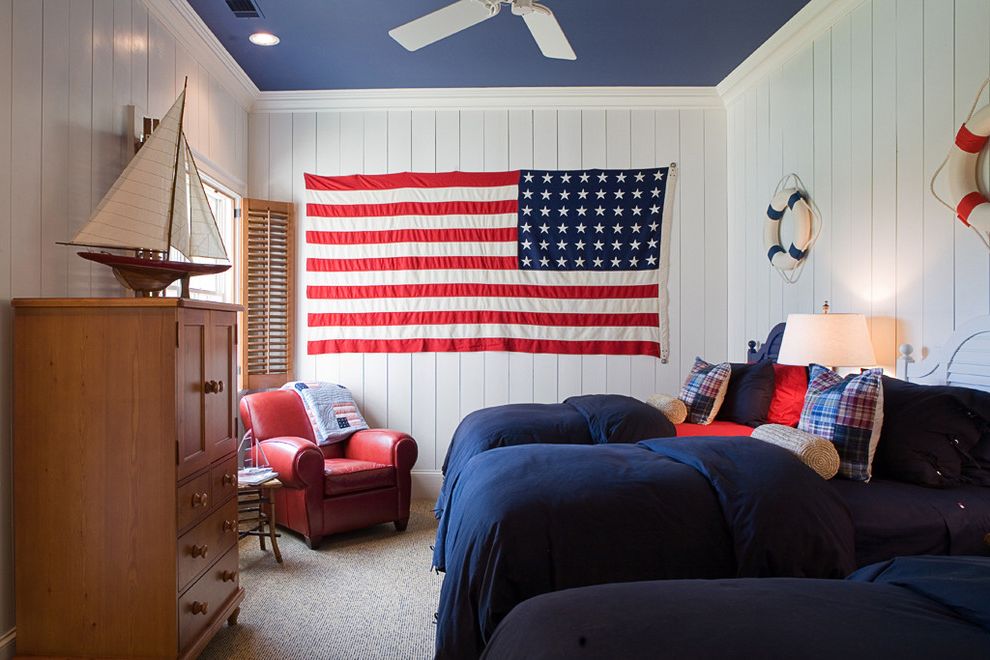 Flag Holder for House with Traditional Kids  and American Flag Bedroom Blue Painted Ceiling Carpeting Ceiling Fan Childrens Room Denim Dresser Life Preservers Navy Plaid Red Leather Armchairs Sailboat Shutters Twin Beds