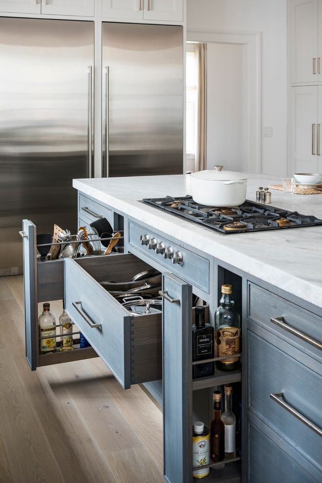 How to Remove Olive Oil Stains   Transitional Kitchen Also Blue Painted Island Cooking Utensils Cooktop Cookware Under Island Storage White Counter Top