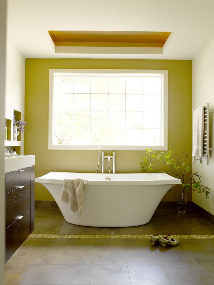 Kohler Freestanding Tub Faucet   Contemporary Bathroom Also Accent Wall Floral Arrangement Green Wall Minimal Pebble Tiles Tile Stripe Towel Warmer Zen