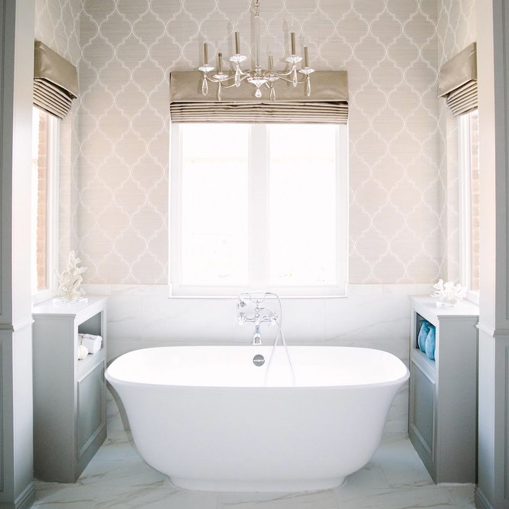 Kohler Freestanding Tub Faucet   Traditional Bathroom Also Chandelier Freestanding Tub Gray Cabinet Tile Wainscoting Wallpaper
