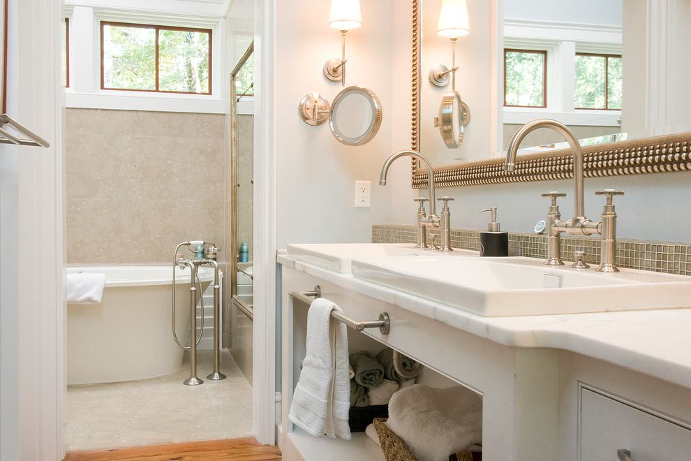 Kohler Freestanding Tub Faucet   Traditional Bathroom  and Bath Faucet Freestanding Tub Marble Mirror Sconces Soaker Tub Tub Vanity White White Vanity