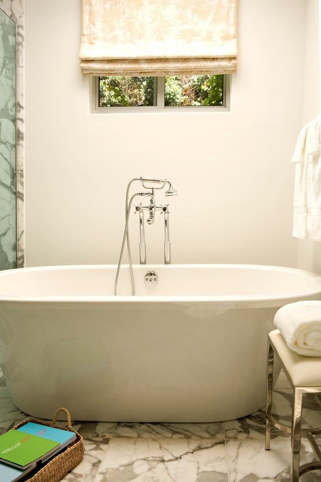 Kohler Freestanding Tub Faucet   Transitional Bathroom Also Bathroom Calacatta Marble Floor Tile Free Standing Tub Master Bathroom Vintage Hand Shower White Wall