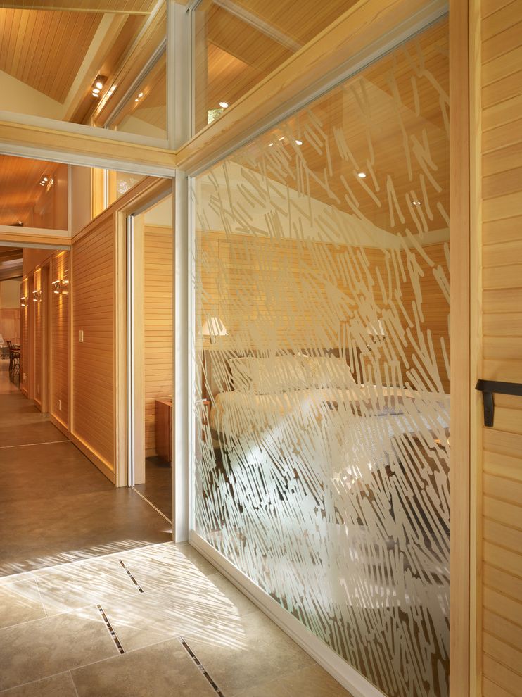 Smart Glass Seattle   Midcentury Hall  and Decorative Glass Exposed Beams Glass Panel Hallway Tile Floor Wood Beams Wood Panels