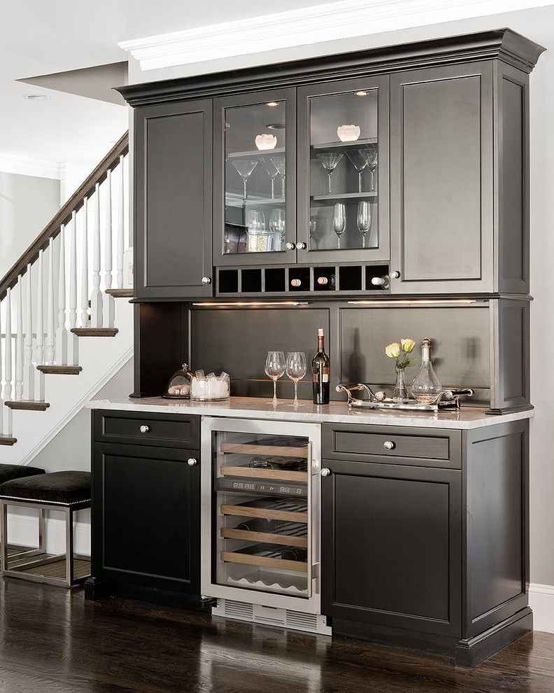 Standard Refrigerator Dimensions with Traditional Home Bar  and Bar Bar Accessories Dark Floor Glass Front Cabinets Serving Tray Under Cabinet Lighting White Kitchen White Wood Wine Racks Wine Refrigerator Wine Storage Wood Flooring Wood Trim