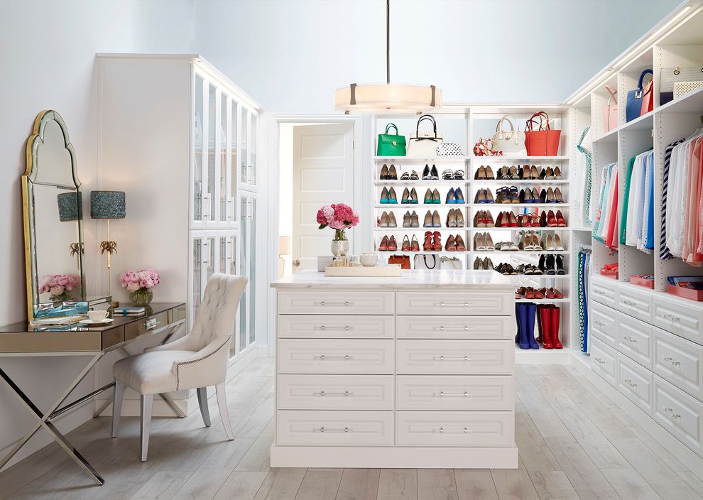 The Container Store Closet Systems   Traditional Closet Also Built in Master Closet Built in Storage Closet Organization Closet with Vanity Tufted Nailhead Trim Chair Walk in Closet Built In
