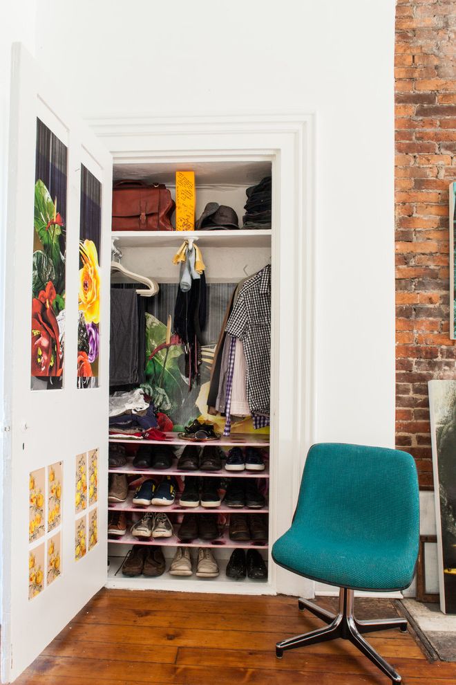 The Container Store Closet Systems with Eclectic Closet Also Bedroom Closet Clothing Closet Door Decoration Medium Hardwood Floor My Houzz Shelves Shoe Storage Shoes Small Closet Ideas Space Saving Ideas Swivel Chair Teal Chair