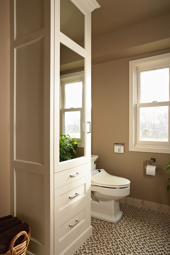 Toto Clayton Toilet   Transitional Bathroom Also Linen Cabinet Mirrored Cabinet Mosaic Stone Floor Totto Toilet Washlet White Bathroom Cabinets