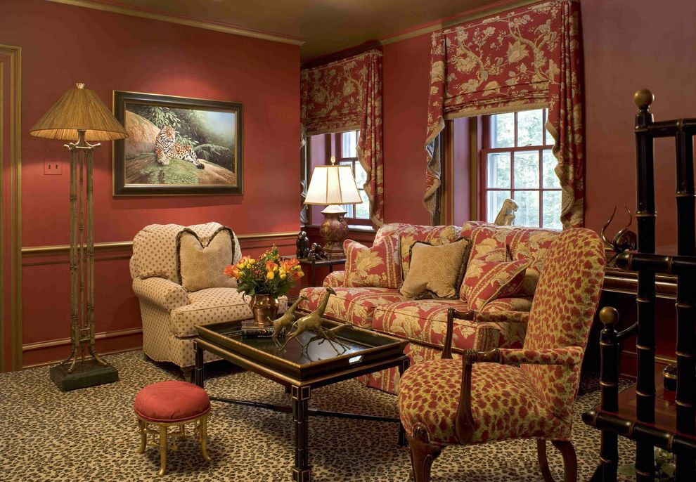 Animal Control Tampa   Eclectic Family Room Also Bold Patterns Chair Rail Coffee Table Floor Lamp Floral Arrangement Footstool Leopard Print Leopard Print Carpet Red Walls Swag Valance Wainscoting Wall Art Wall Decor Window Treatments Wood Trim
