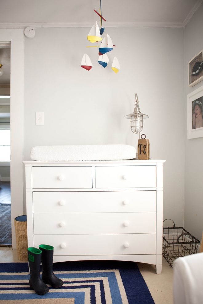 Pottery Barn Kids Park Meadows   Traditional Nursery Also Basket Blue Rug Boat Mobile Ceiling Mobile Cottage Gray Wall Metal Table Lamp Mobil Nursing Table Rain Boots Rug Table Lamp White Changing Table White Dresser White Molding White Trim Wire Basket