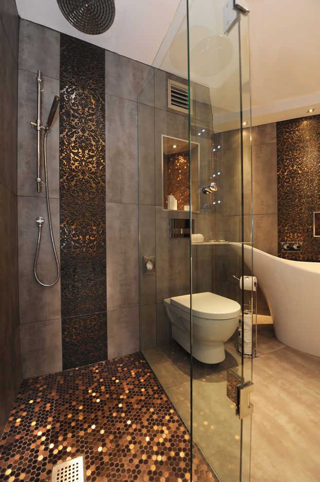 Tile Warehouse Near Me with Contemporary Bathroom Also Accent Tiles Ceiling Lighting Copper Damask Freestanding Tub Glass Shower Enclosure Mosaic Tiles Penny Tiles Rain Shower Head Recessed Lighting Tile Flooring
