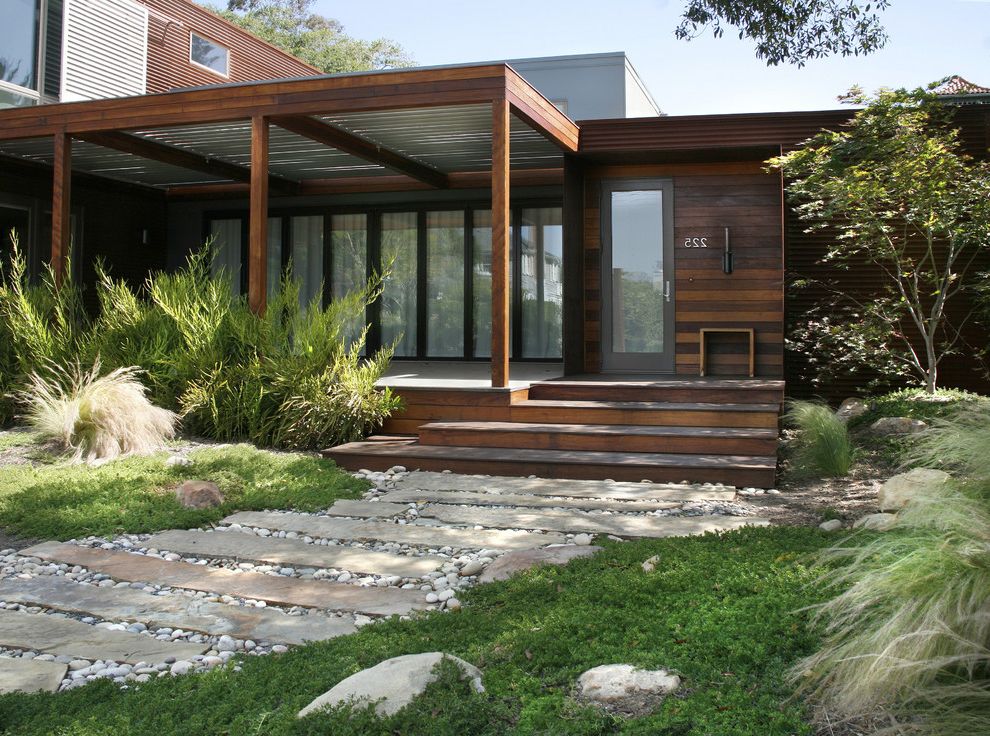 Fake Rock Covers with Contemporary Landscape Also Boulders Covered Porch Dark Stained Wood Entry Front Yard Grass Lawn Pebbles Rocks Stepping Stones Steps Tall Grasses Wood Slat