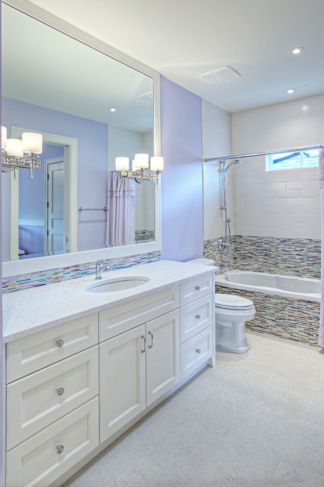 Mercury Facts for Kids with Transitional Bathroom Also Bathtub Colorful Tile Backsplash Lavender Wall Mirror Sconce Sink Tile Floor Toilet Vanity Storage White Subway Tile Wall White Vanity