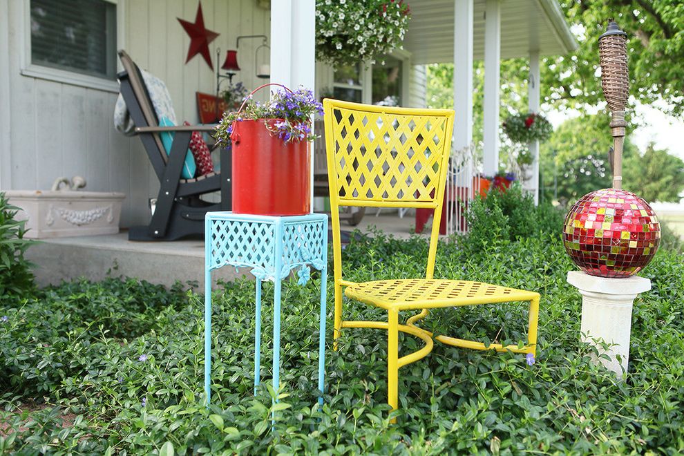 Tip Furniture Delivery with Farmhouse Landscape  and Adirondack Chairs Hanging Plant Light Blue Metal Garden Furniture Mosaic Garden Ball Porch Red Vertical Tongue and Groove Siding Vinca White Exterior Yellow