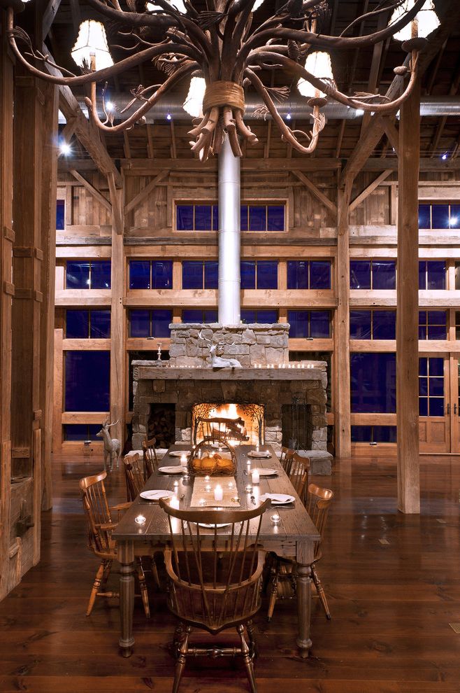 Big League Dreams Manteca   Farmhouse Dining Room  and Barn Chandelier Chimney Dining Exposed Beams Fireplace Flu Mantel Posts Rafters Rustic Stone Windows Wood Floor