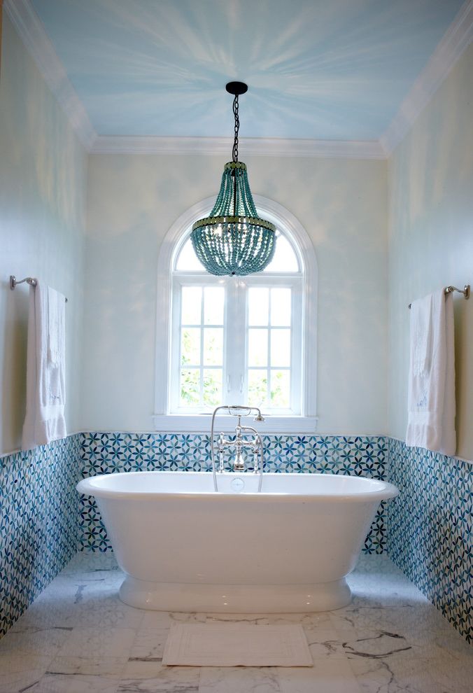 Chandeliers at Lowes   Mediterranean Bathroom Also Arched Window Artisan Chandelier Bathroom Free Standing Tub Glass Mosaic Tile Patterned Tile Statement Tile Turquoise Chandelier