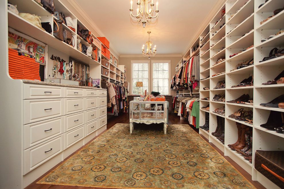Children's Jewelry Box with Traditional Closet  and Built in Chandelier Large Closer Master Closet Built in Orange Boxes Rug Shelves Shoes White Cabinets White Drawers Wood Floor