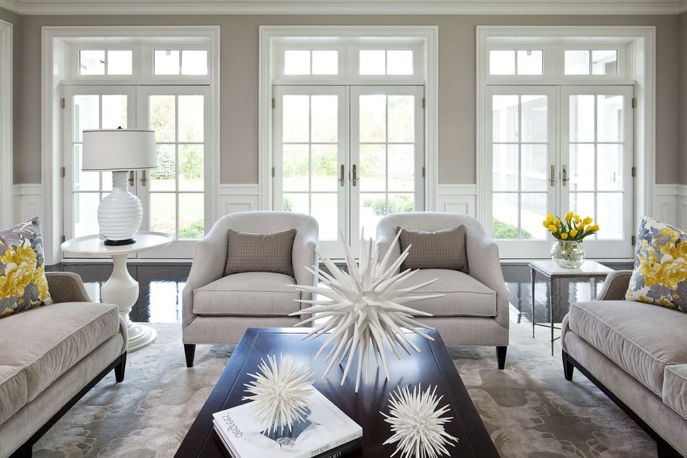 Cost to Paint a Room   Transitional Living Room Also Area Rug Black Black Floor Cocktail Table Decorative Pillows End Table French Doors Gray Lamp Lounge Chair Martha Ohara Interiors Sofa Spiky Accessory Star Accessory Taupe White Yellow Yellow Ottoman