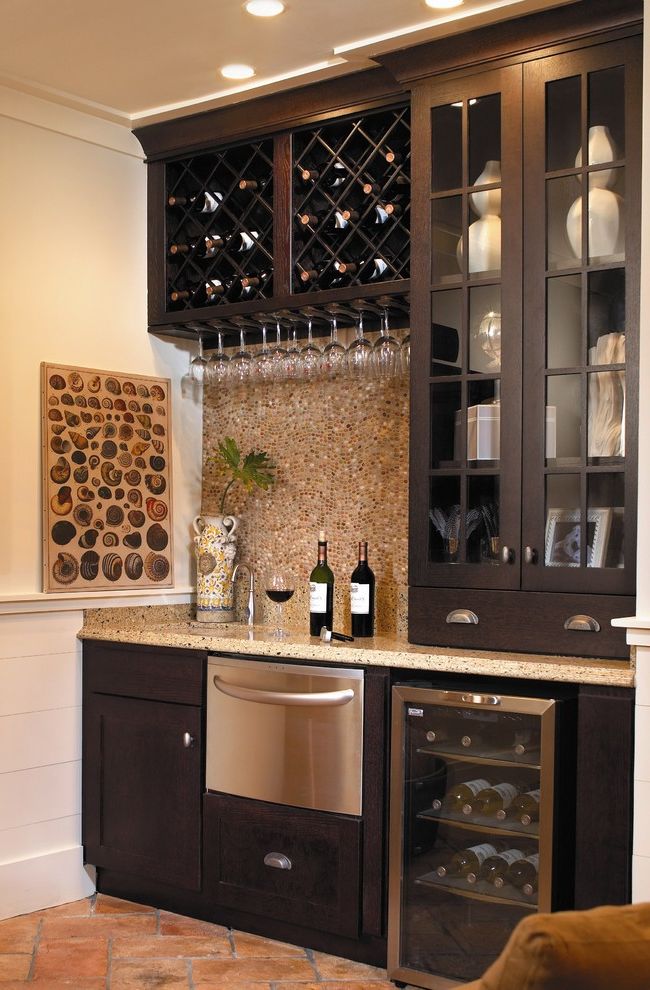 Glass Store Near Me with Traditional Home Bar  and Coastal Living Crown Molding Dishwasher Drawer Espresso Fieldstone Glass Front Cabinets Java Kitchenette Silestone White Trim Wine Glass Rack Wine Glass Storage Wine Rack Wine Refrigerator