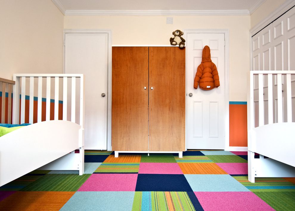 How to Pull Up Carpet with Contemporary Kids  and Armoire Bedroom Bright Colors Carpet Tiles Closet Crown Molding Minimal Orange Wall Patchwork Carpet Twin Beds Wainscoting White Beds