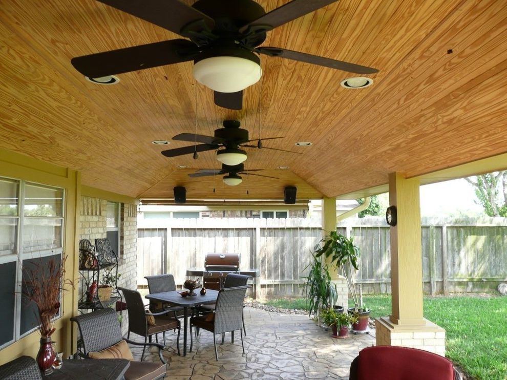 Kyle Tx Weather with Rustic Patio  and Beadboard Ceiling Covered Patio Indoor Outdoor Living Natural Outdoor Dining Patio Cover Stained Concrete Stamped Concrete Vaulted Ceilings