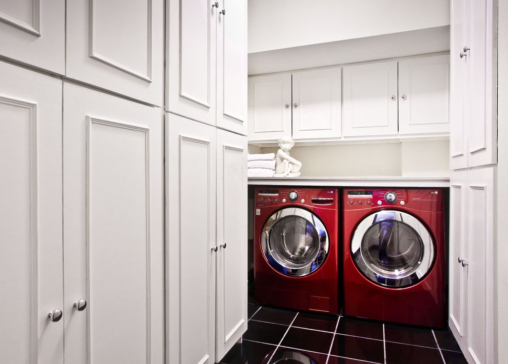 Lg Washer Dryer Pedestal   Contemporary Laundry Room Also Black Tile Chrome Knobs Red Washer Dryer Storage White Cabinet Doors White Grout