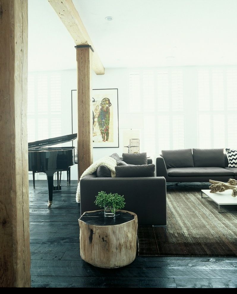 Lowes Lafayette   Contemporary Living Room Also Beige Throw Black Piano Brown Rug Driftwood Side Table Grand Piano Gray Sofa Low Slung Coffee Table Natural Lighting Rustic Wood Floor White Wall Wood Beam Wood Post