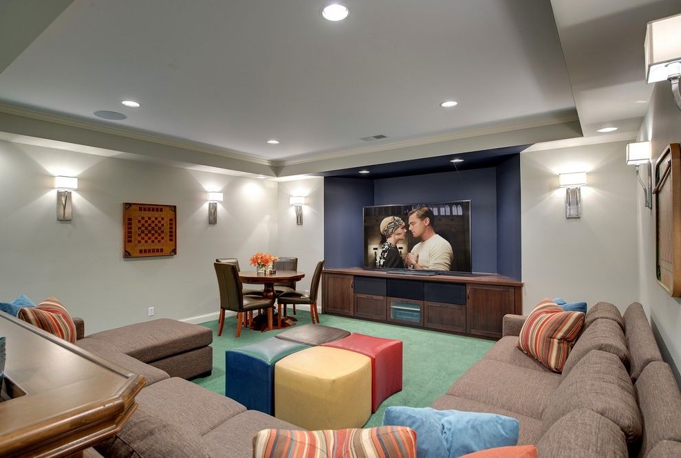 Oro Valley Theater with Transitional Basement  and Big Screen Checkerboard Chessboard Family Room Game Room Game Table Great Gatsby Green Carpet Light Brown Sectional Sofa Multi Color Cube Ottoman Recessed Lighting Sconces Tray Ceiling