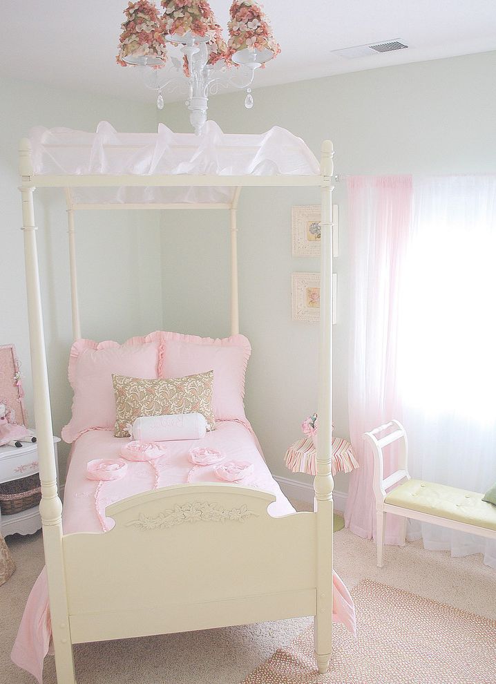 Ralph Lauren Percale Sheets with Traditional Kids Also Area Rug Bedroom Bedside Table Beige Carpet Canopy Beds Ceiling Lighting Chandelier Curtains Drapes Empire Bench Green Wall Pendant Lighting Pink Duvet Twin Bed Window Coverings Window Seat