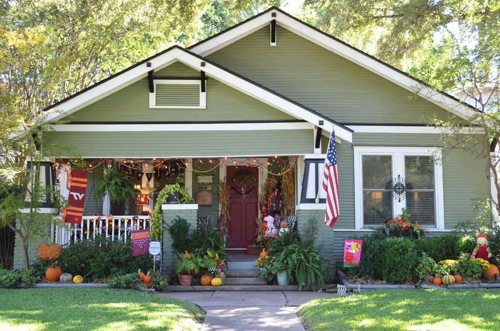 Restoration Hardware Dallas   Craftsman Exterior  and American Flag Bungalow Covered Porch Front Porch Gable Roof Green House Green Siding Halloween Decor Halloween Decorations My Houzz Pumpkins Red Door Red Front Door Seasonal Decor Tapered Columns