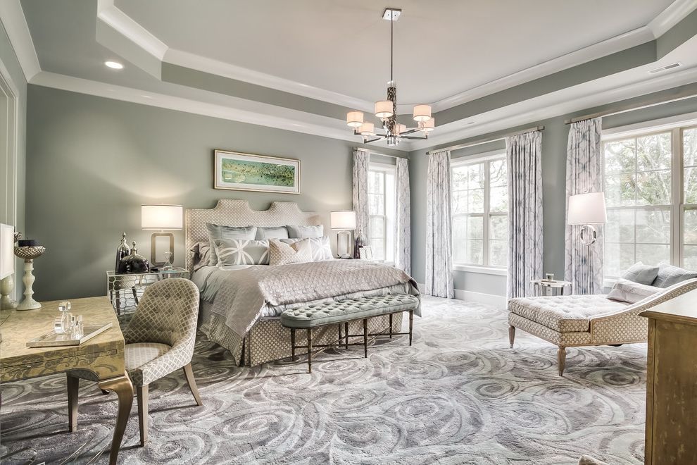 Sherwin Williams Nashville Tn with Transitional Bedroom  and Basement Bench Seating Buildout Chaise Lounge Gray Gray Rug Gray Walls Grey Guest Bedroom Guest Room Patterned Carpet Pendant Chandelier Upholstered Headboard Writing Table