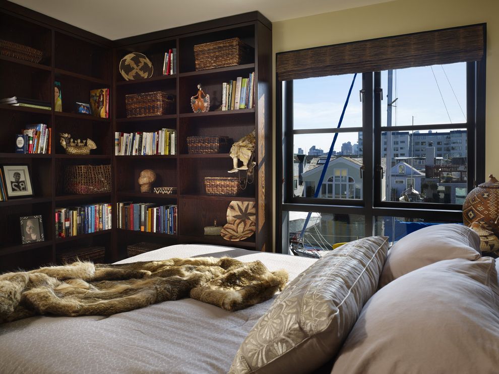 Unusual Bookcases   Contemporary Bedroom  and Bookcase Bookshelves Casement Windows Fur Throw Neutral Colors View Wicker Baskets