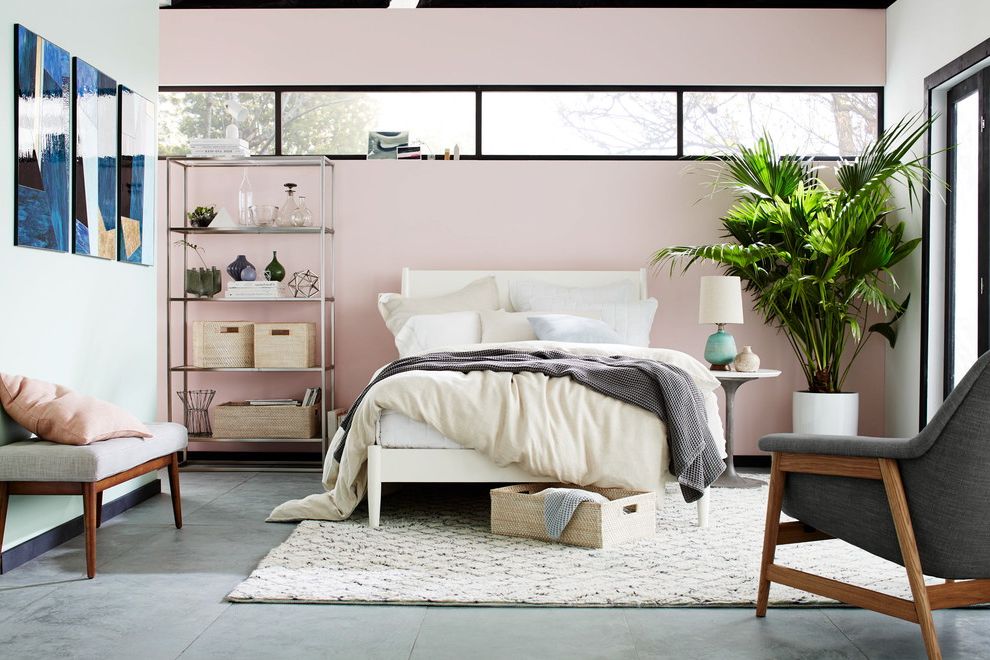 West Elm Return Policy   Contemporary Bedroom  and Bedroom Plants Bedroom Rug Bench Contemporary Bedroom Open Storage Pink Feature Wall Pink Wall Storage Unit White Bed White Wooden Bed