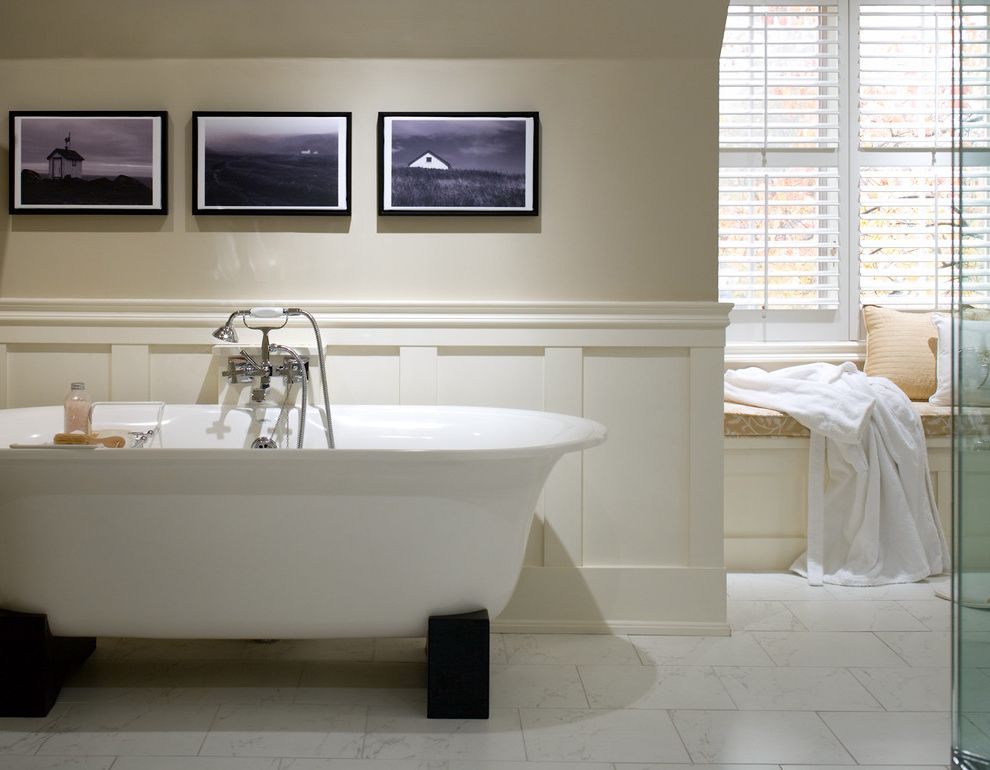 What is Wainscoting with Traditional Bathroom  and Asian Tub Bath Bathroom Bathtub Bench Paneling Soaker Tub Tiled Floor Tub Wainscoting Window Seating