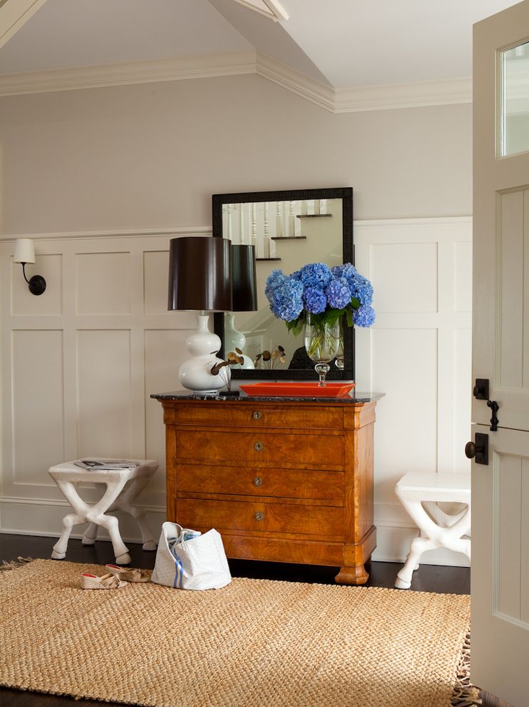 What is Wainscoting with Transitional Entry Also Antique Marble Top Chest Rectangular Mirror Wall Sconces White Sainscoting White Table Lamp