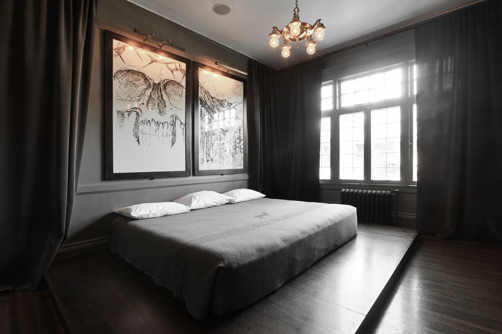What Size is a King Bed   Contemporary Bedroom Also Bedroom Lighting Bedroom Window Treatment Charcoal Drapes Contemporary Artwork Contemporary Chandelier Dark Gray Walls Dark Wood Floor Gray Bedding King Bed King Size Bed My Houzz Neutral Color Scheme