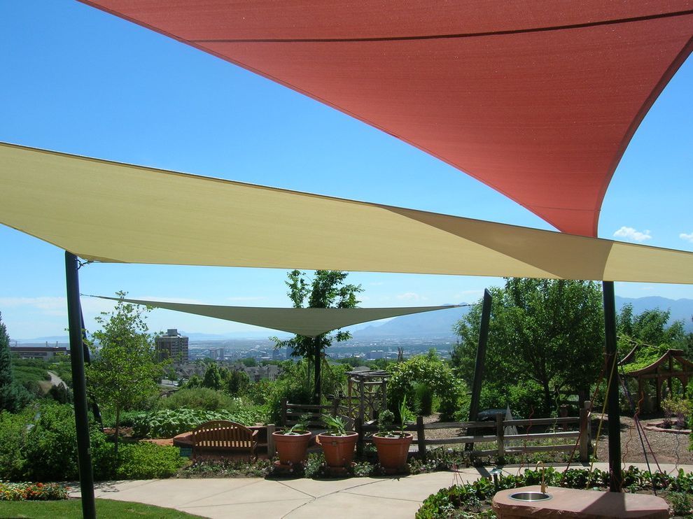Wind Sail Shade with Eclectic Patio Also Hillside Patio Cover Patio Covers Potted Plants Shade Sails Split Rail Fence View