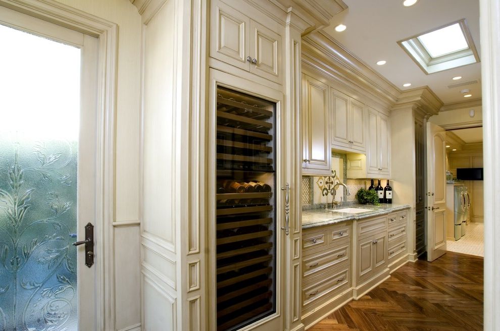 Wine Fridge Lowes   Traditional Kitchen  and Beverage Cooler Custom Woodwork Herringbone Wood Floor Marble Counters Raised Panel Cabinets Recessed Lights Sky Light Specialty Glass Wine Storage