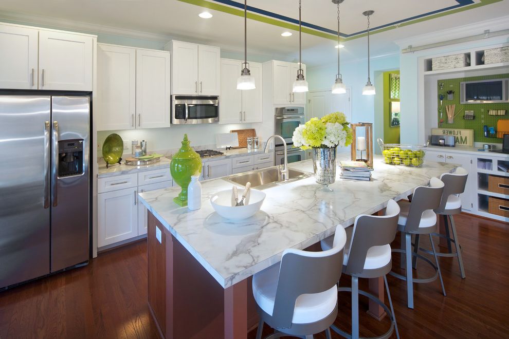 Cost of Quartz Countertops   Contemporary Kitchen Also Counter Stools Dark Stained Wood Floor Kitchen Island Laminate Countertop Lime Green Peg Board Pendant Lights Stainless Steel Appliances Stripes Painted on Ceiling White Frame and Panel Cabinets