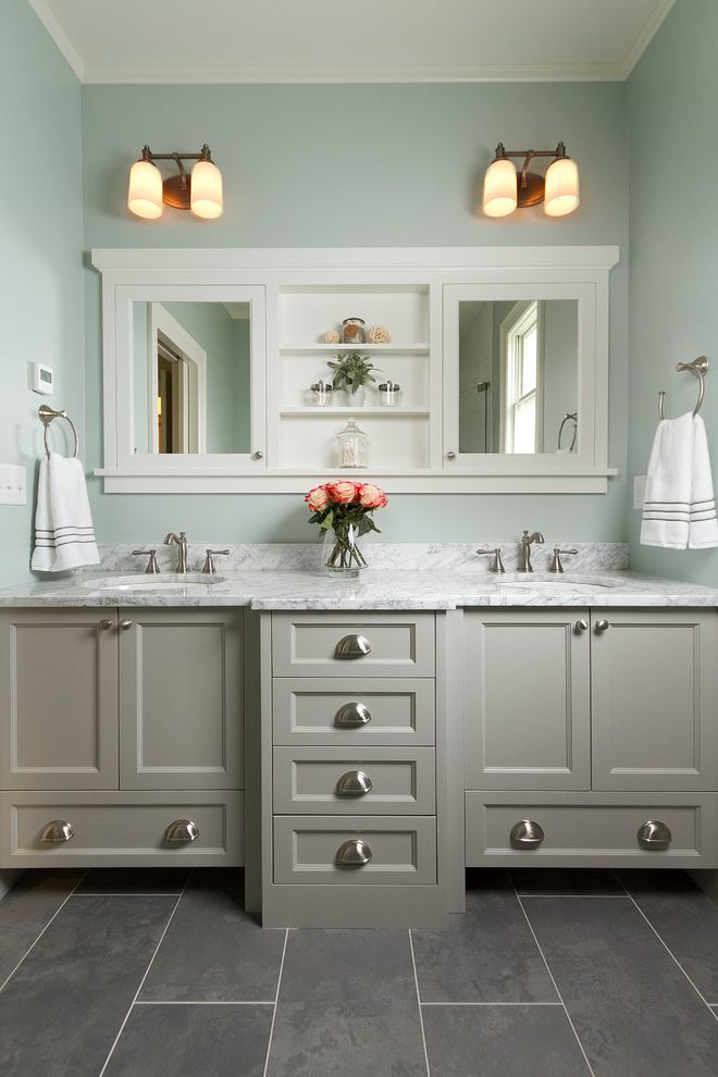 How to Get Rid of Fruit Flys   Traditional Bathroom Also 12x24 Tile Double Sink Vanity Gray Floor Tile Marble Countertops Painted Cabinets Recessed Medicine Cabinet Slate Tile Two Sinks Wall Sconce White Countertop Widespread Faucet
