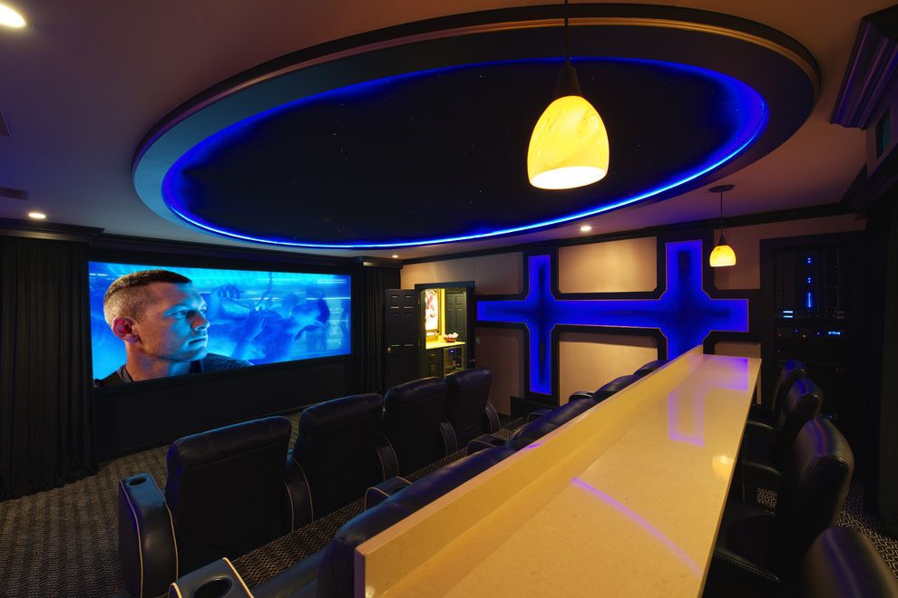 Maple Grove Theater with Eclectic Home Theater  and Bar Seating Black Blue Brown Cinema Seating Counter Stools Cove Lighting Dome Ceiling Home Theater Pin Lights Recessed Lighting Starry Sky Theater Seating Tray Ceiling