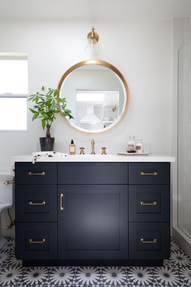 Nouveau Skin Care with Beach Style Bathroom  and Black Cabinets Contemporary Gold Hardware Guest Bathroom Guest House House Plants Modern Mosaic Tile Patterned Floor Tile Round Mirror Shower White White Bathroom