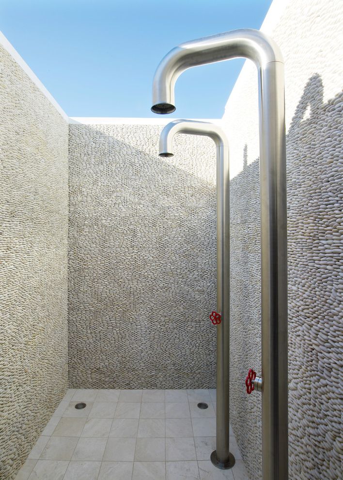 Pebble Ice Maker   Beach Style Patio  and Architecture Beach Beach House Decorating House Light Long Beach Master Bathroom Master Suite Modern Open Airy Outdoor Shower Pebble Tile Red Handle Residential Terrace Wall Tile