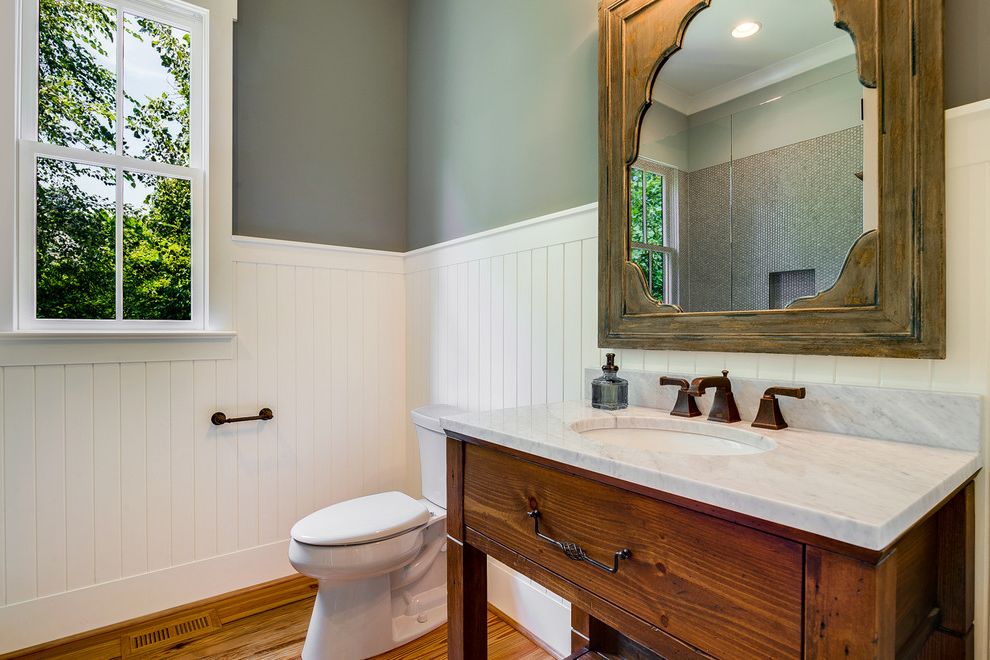 Rent1sale1 with Farmhouse Bathroom  and Antique Floor Bathroom Mirror Beadboard Cottage Farmhouse Gray Walls New Build Oil Rubbed Bronze Reclaimed Wood Wainscoting