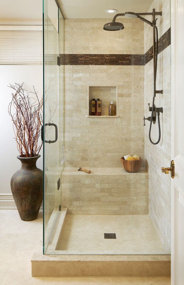 Spray Tan Cost with Transitional Bathroom Also Beach Style Beige Tile Bronze Bronze Hardware Brown Accent Color Brown Shower Fixtures Decorative Vase Glass Shower Doors Rain Head Shower Bench Travertine Tuscan Urn and Vase