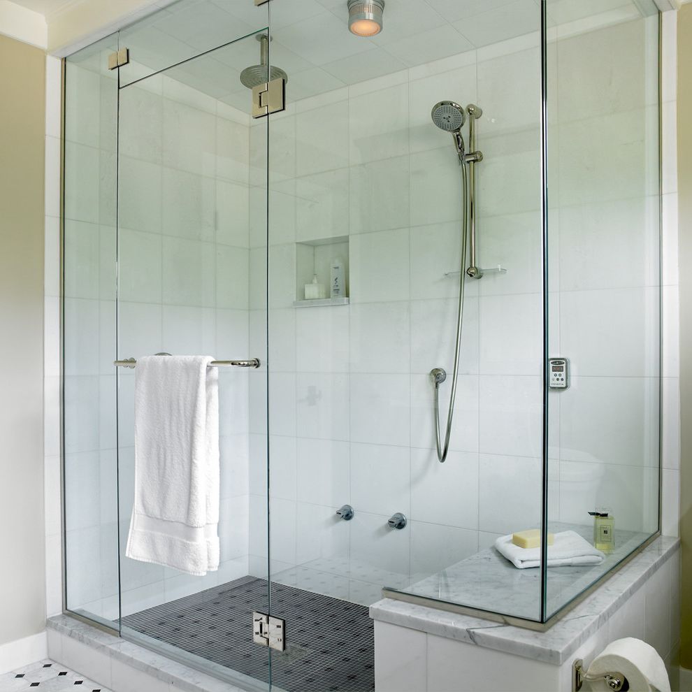 Steam Shower Kit   Transitional Bathroom  and Bathroom Tile Floor Tile Frameless Shower Door Neutral Colors Shower Bench Shower Lighting Shower Niche Shower Tile