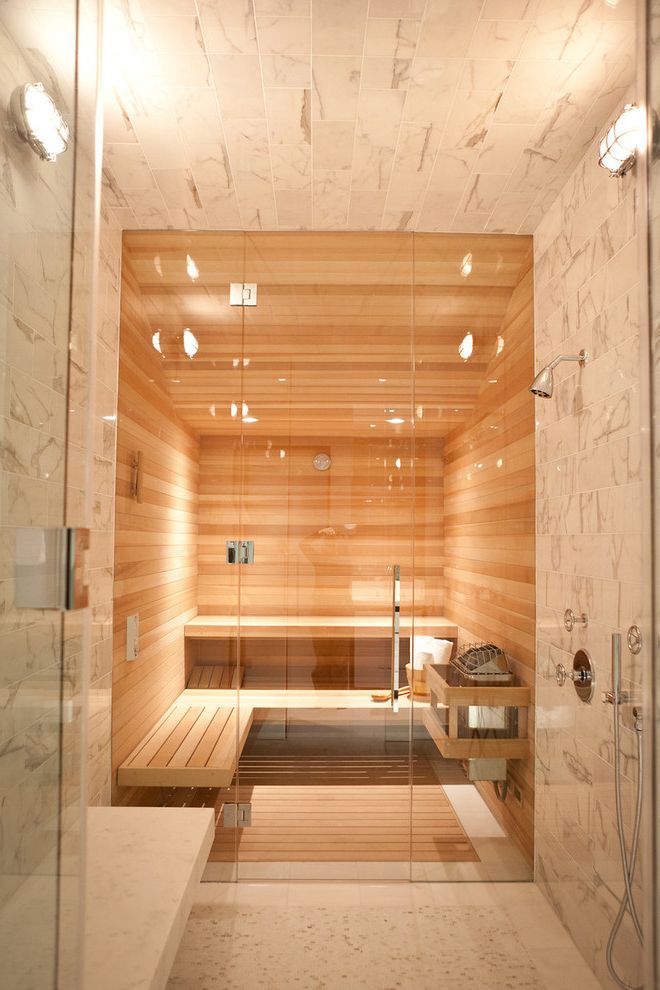 Steam Shower Kit with Contemporary Bathroom  and Bathroom Bench Frameless Shower Door Industrial Sconce Minimal Neutral Colors Sauna Shower Lighting Shower Tile Steam Room Wood Paneling