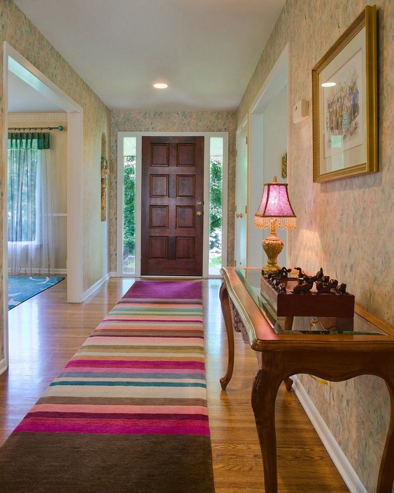 Wayfair.com Rugs with Eclectic Entry Also Area Rug Carpet Runner Console Table Entry Jewel Tones Runner Sheer Curtain Panels Side Lites Striped Rug Table Lamp Wallpaper White Painted Trim Wood Floor Wool Rug